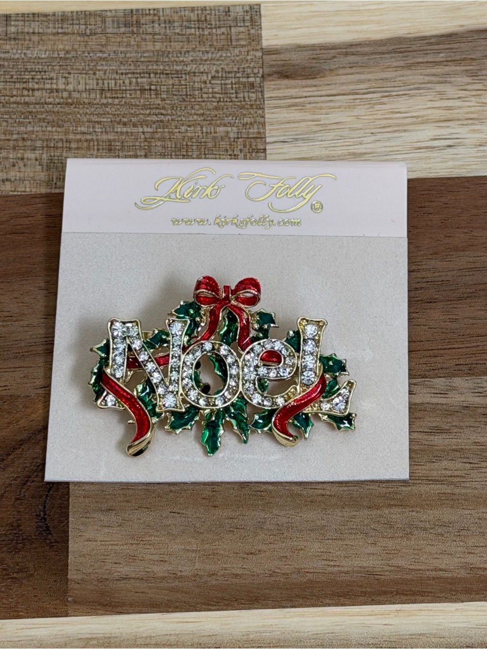 Kirk’s Foley Noel Crystal Holiday Pin Red & Green Ribbon Holly New